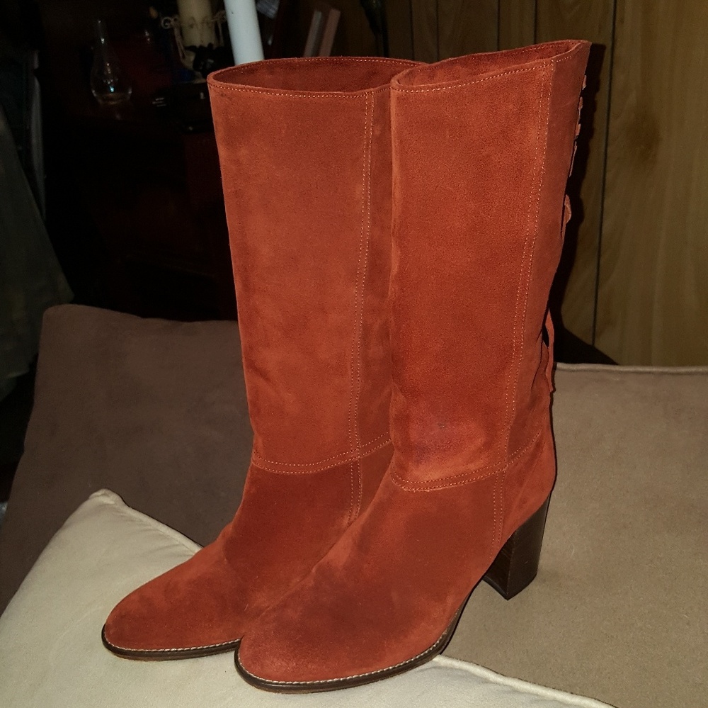 Coach Rusty Red Velvet Tie Boots